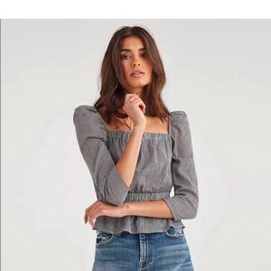 7 For All Mankind Navy/black and White Gingham Peplum Long-Sleeve Top